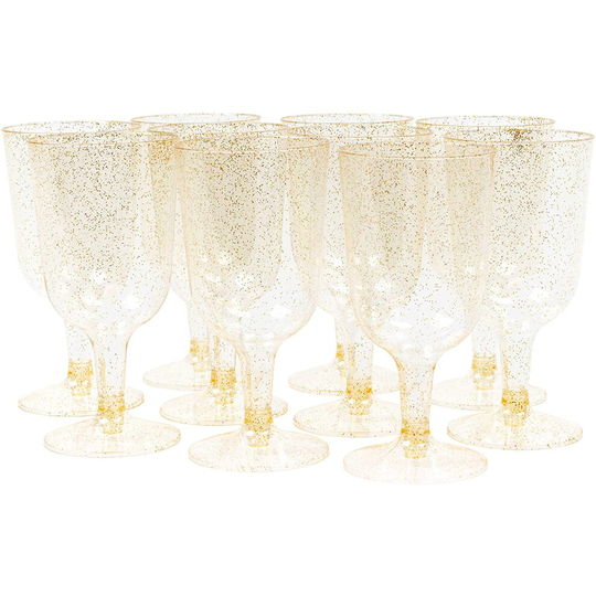 100 Premium Plastic Gold Glitter Wine Glasses - 170ml
