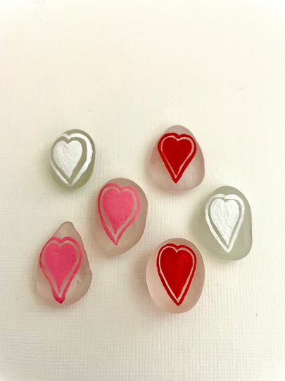 6 Sea Glass Painted Hearts - Hand Fridge Magnets, 6Pc Set