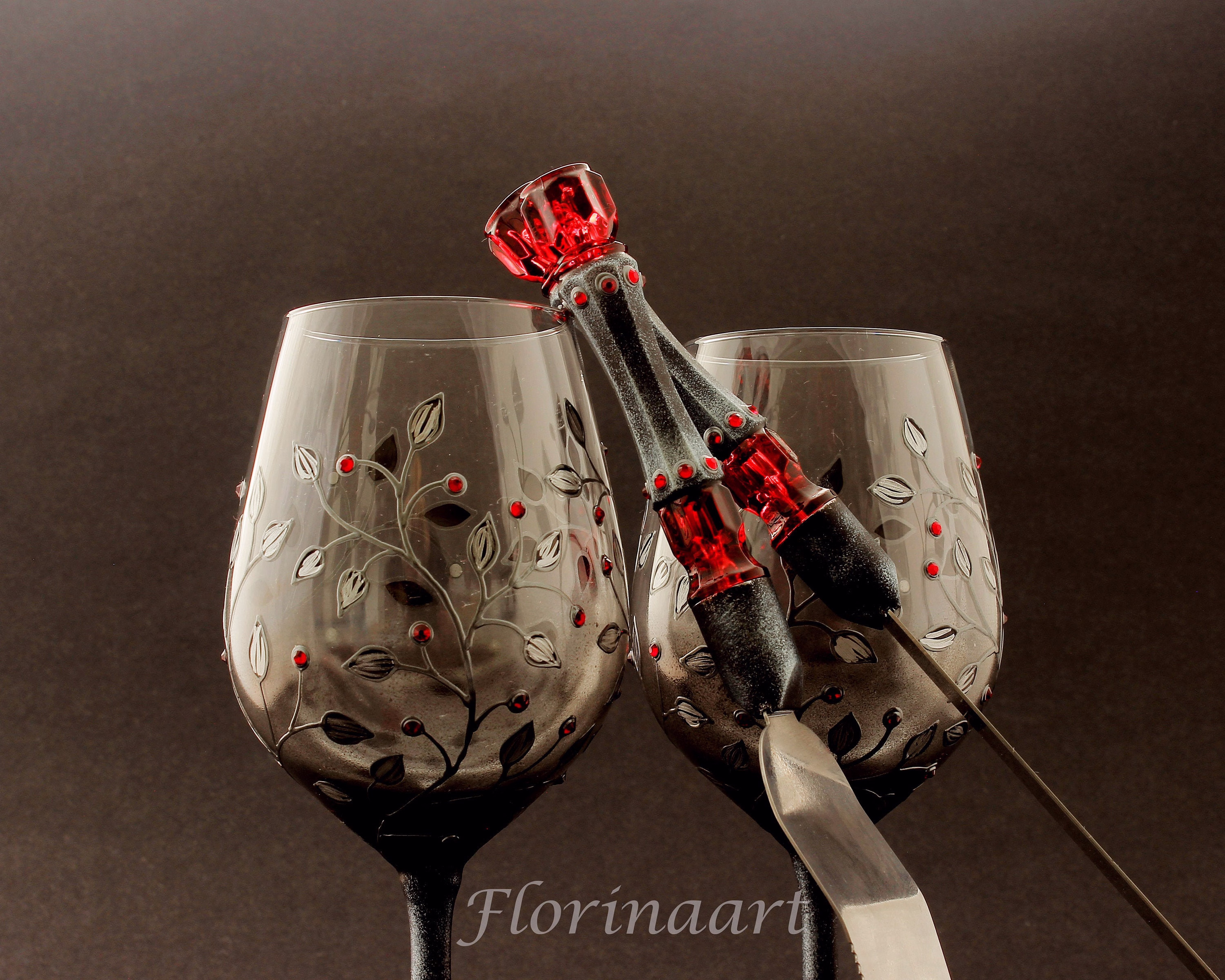 Gothic Wedding Goblets & Cake Serving Set, Wine Glasses, Black Red Set