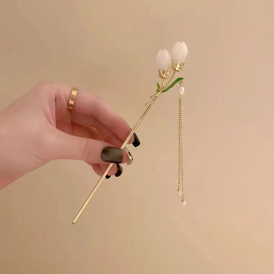 White Yulan Hair Stick, Tassels Fork, Step Shake Comb, Hanfu Cheongsam Pins