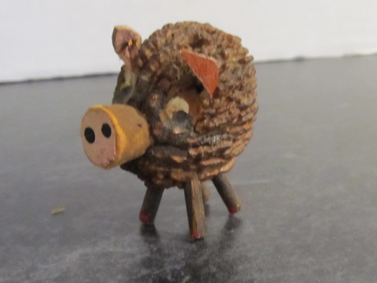 Vintage Antique Tramp Art Folk - Walnut Shell Pig Figural Shaker