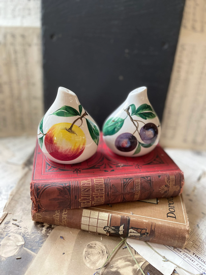 Vintage Italian Hand Painted Ceramic Salt & Pepper Pots With Fruit Design Of Plums Apples