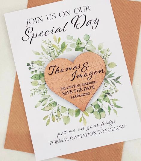 Wedding Day Save The Date Magnets Plus Optional Card Invite, Engraved Rustic Wood Hearts, Personalised, Autumn Or Eucalyptus Botanical