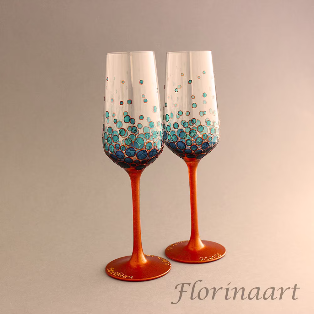 Copper Bubble Glasses, Anniversary Gift, & Blue Wedding Glasses