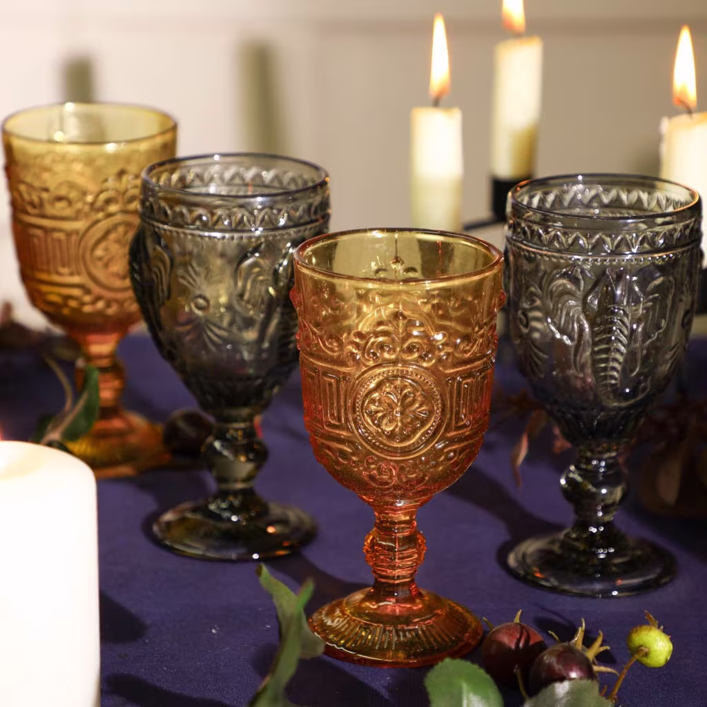Set Of 4 Grey & Amber Coloured Embossed Wine Goblet Glasses