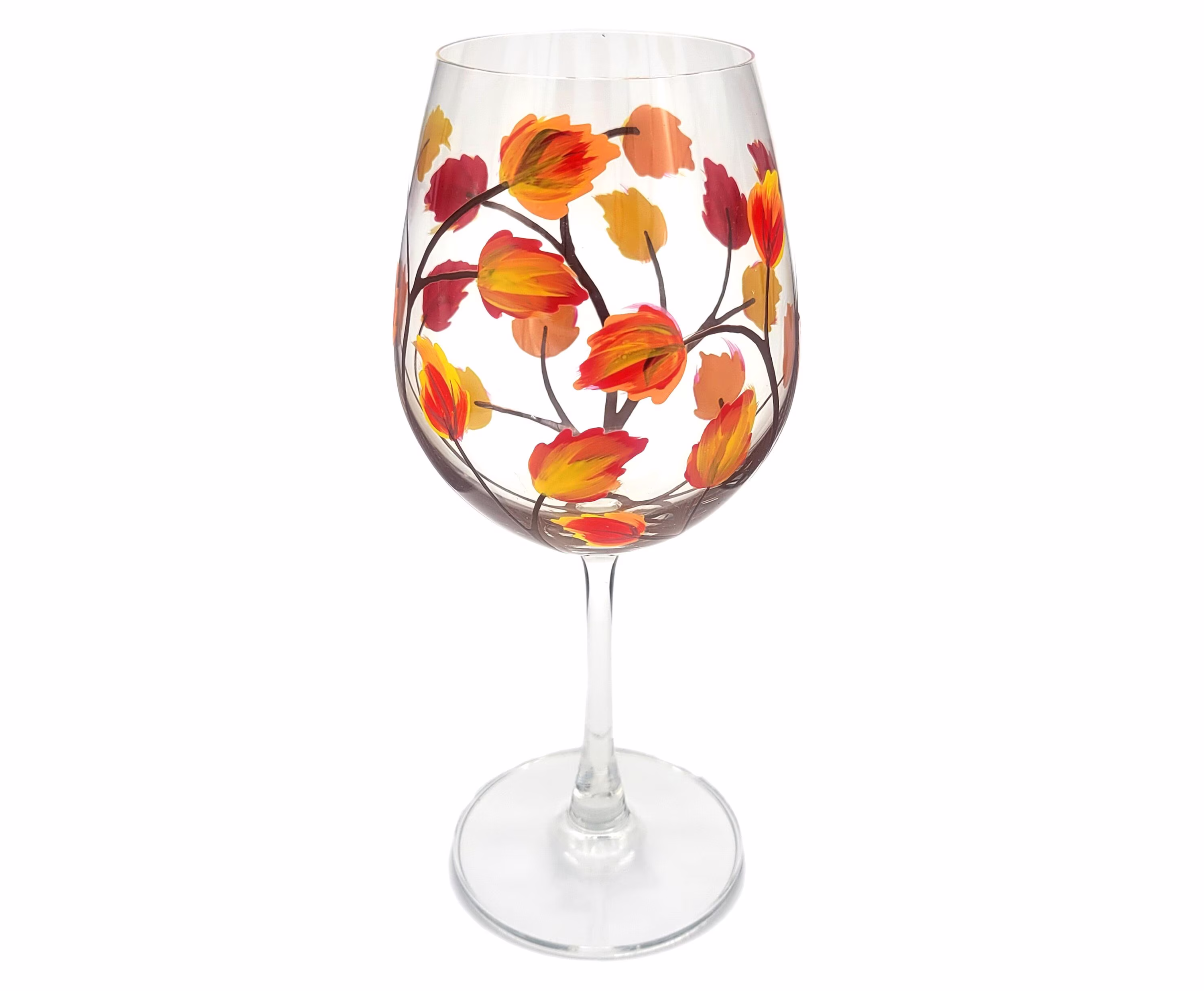 Swaying Fall Leaves Wine Glass - Hand Painted Autumn Colors, Orange, Red, Yellow Thanksgiving Glasses
