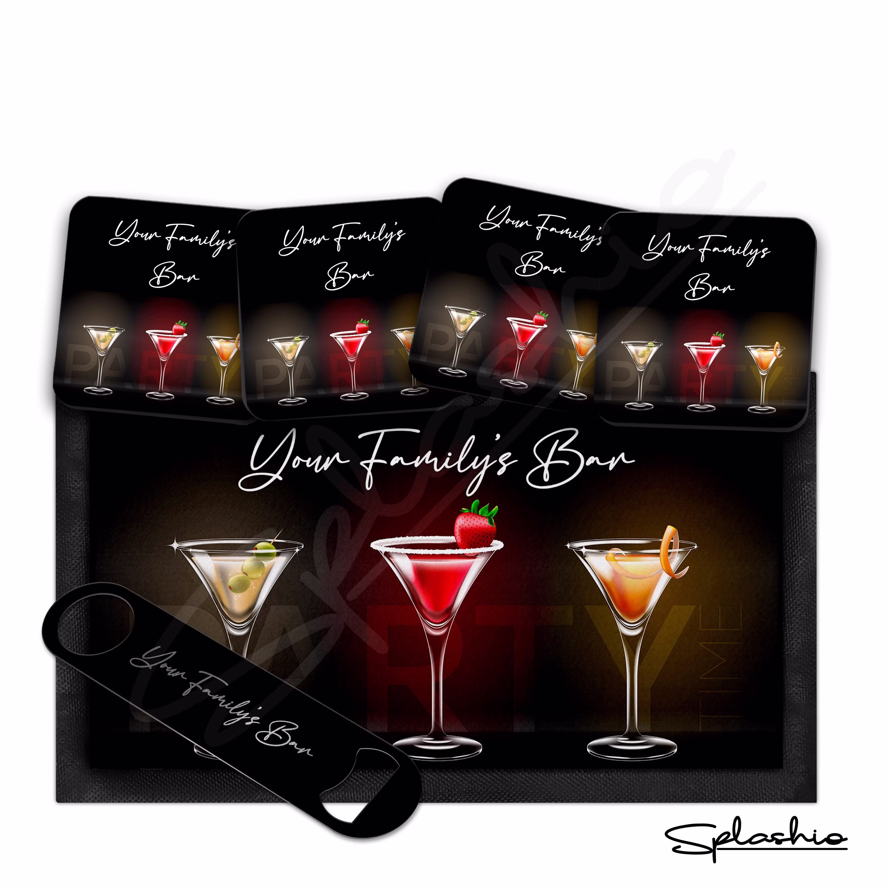 Personalised Cocktail Bar Runner Mat, Custom Beer Mats & 4 X Drinks Coasters Gift Set Garden Sets/ Home Family