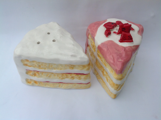 Coconut/White Iced Cake & Strawberry Slice Cake. Salt Pepper Shaker Set