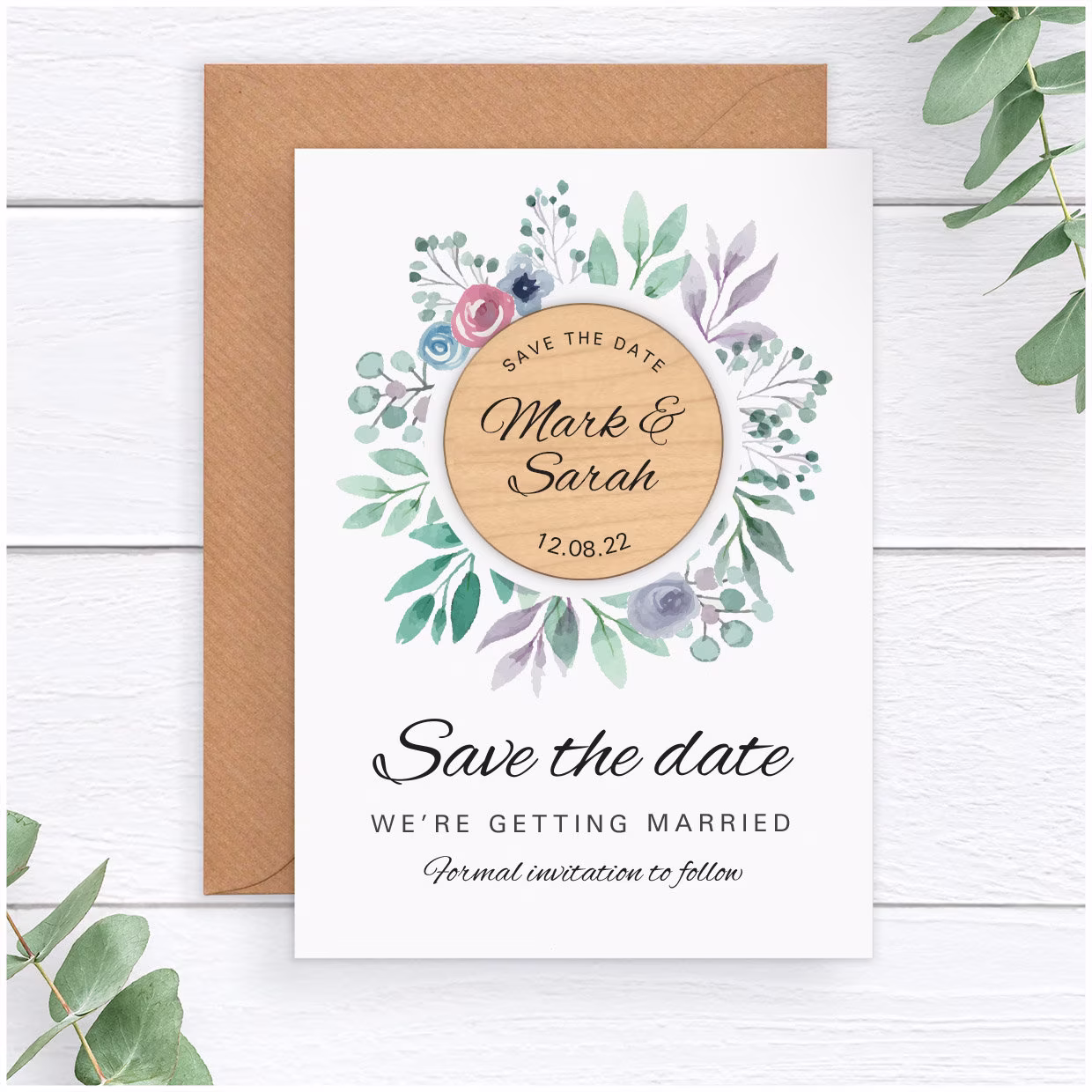 Floral Wedding Save The Date Fridge Magnet - Personalised Vintage Blue Purple Card Rustic Wooden