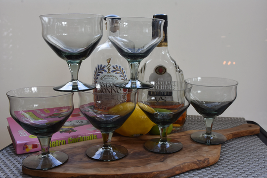 Unusual Vintage Unique Shape Smoky Blue Grey Gray Bougie Coupe Martini Champagne Glasses Set Of 6 Weird Colored Glass Craft Cocktail Retro