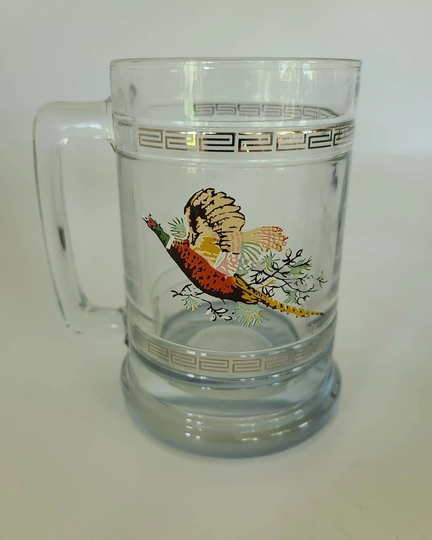 Vintage Glass Tankard With Gold Greek Key & Pheasant Design Fancy Beer Mug