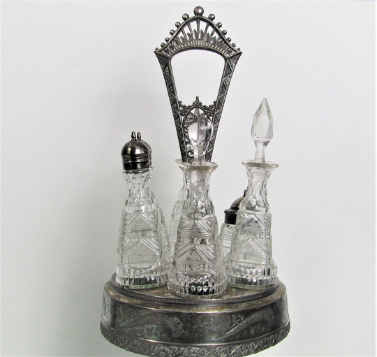 Antique Mermod Jaccard & Company Quadruple Plate Six Bottle Etched Glass Cruet Set & Castor