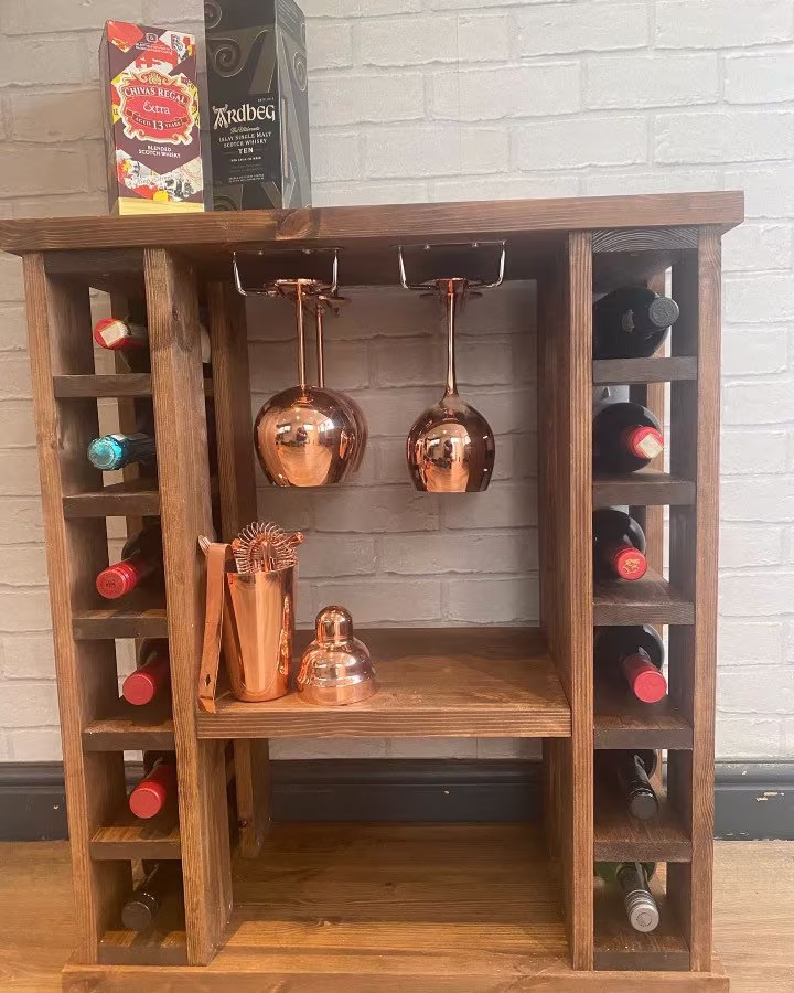 Wine Rack Side Table Bespoke Solid Pine Handcrafted Incorporating Two Chrome Glass Hanger