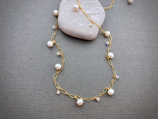 Pearl & Crystal Chain Shaker Necklace, Romantic Bridal Wedding Jewelry, Delicate Short Long Gold With Dangles N104G
