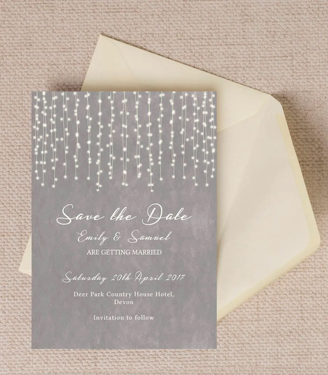 Dove Grey Fairy Lights Wedding Save The Date Cards
