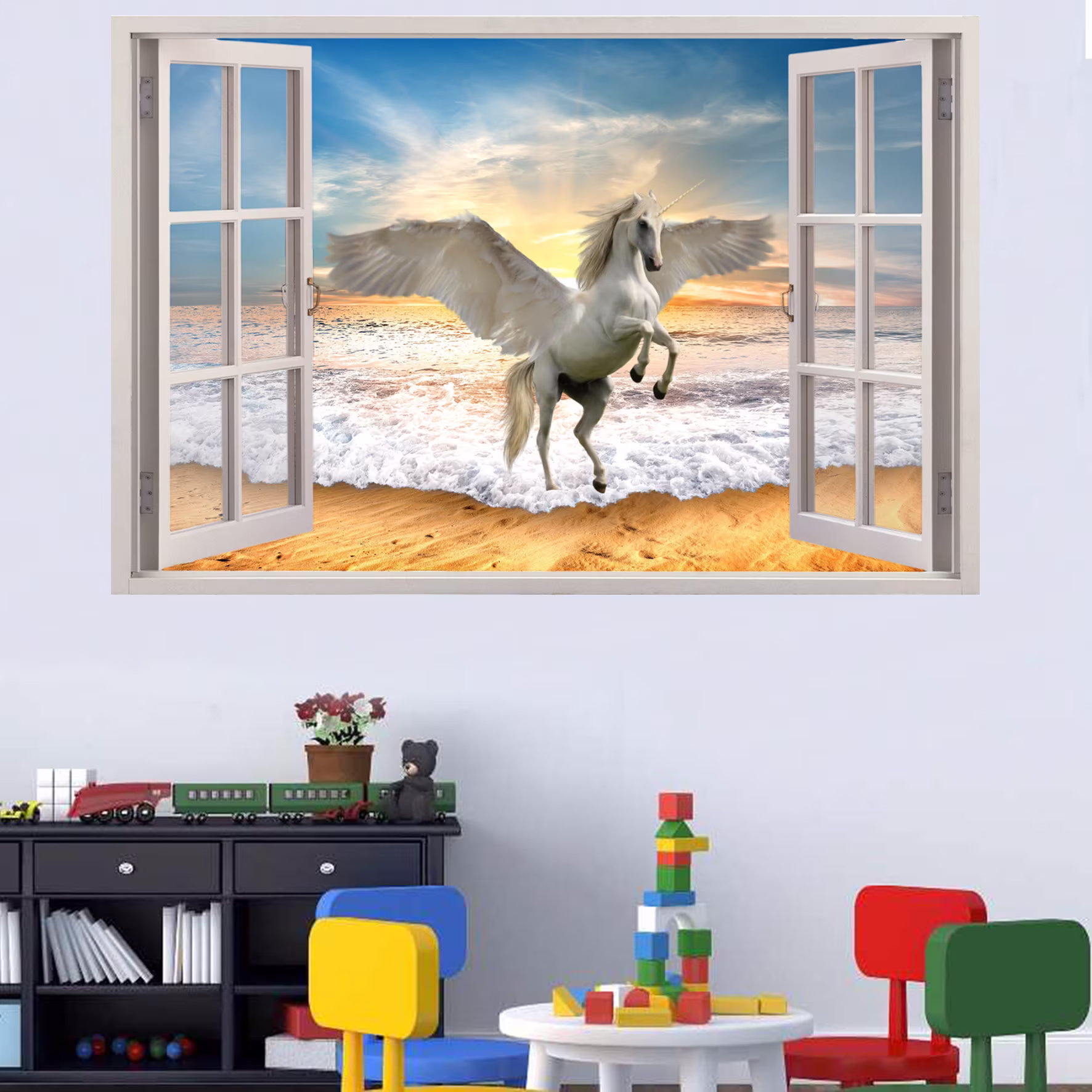 Beach Magical Horse Pegasus Unicorn Wall Sticker Mural Poster Decal Room Office Nursery Decor Id136