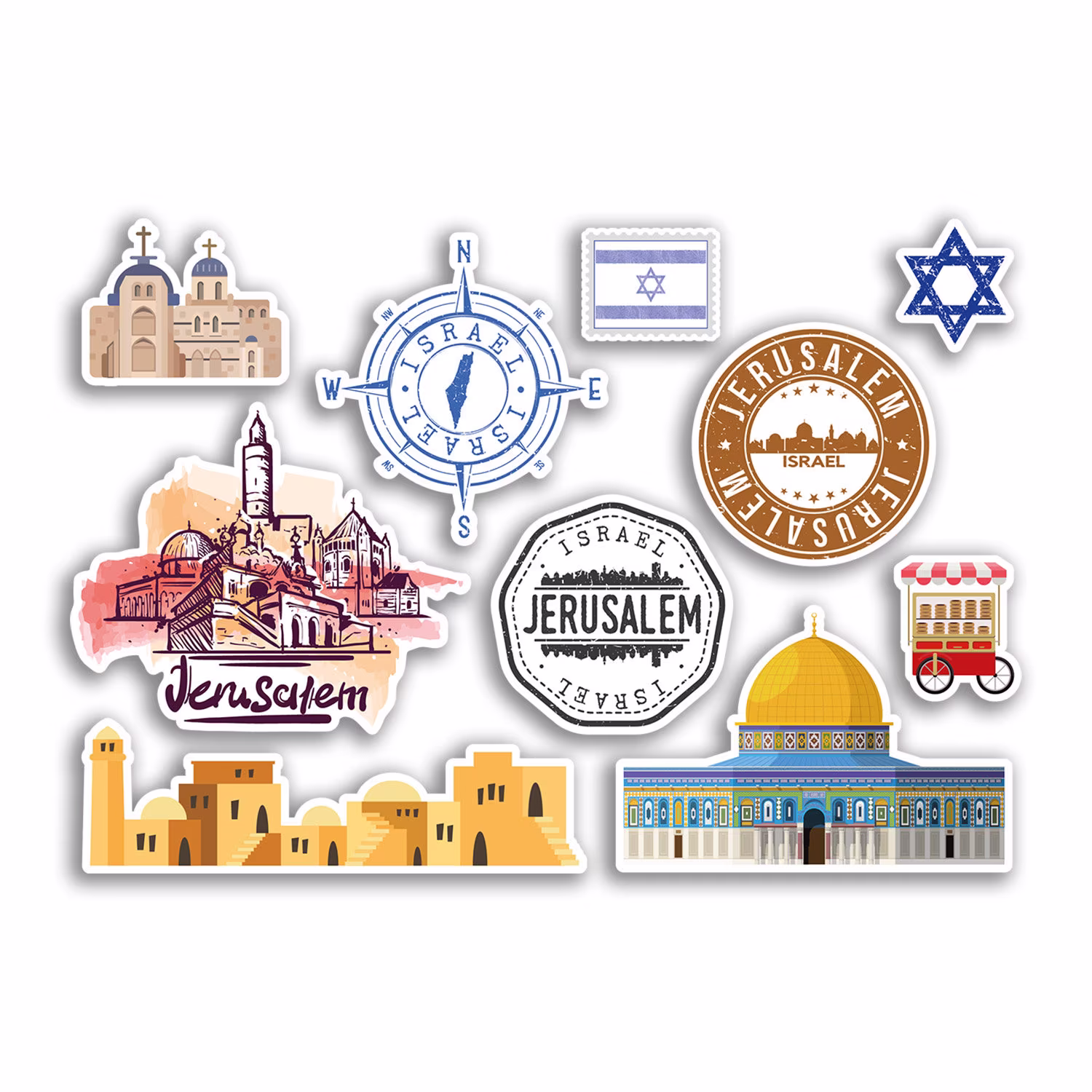 A5 Sticker Sheet Jerusalem Landmarks Vinyl Stickers - Israel Star Israeli Art City Map Stamp Skyline Travel Holiday Culture Aesthetic #78506