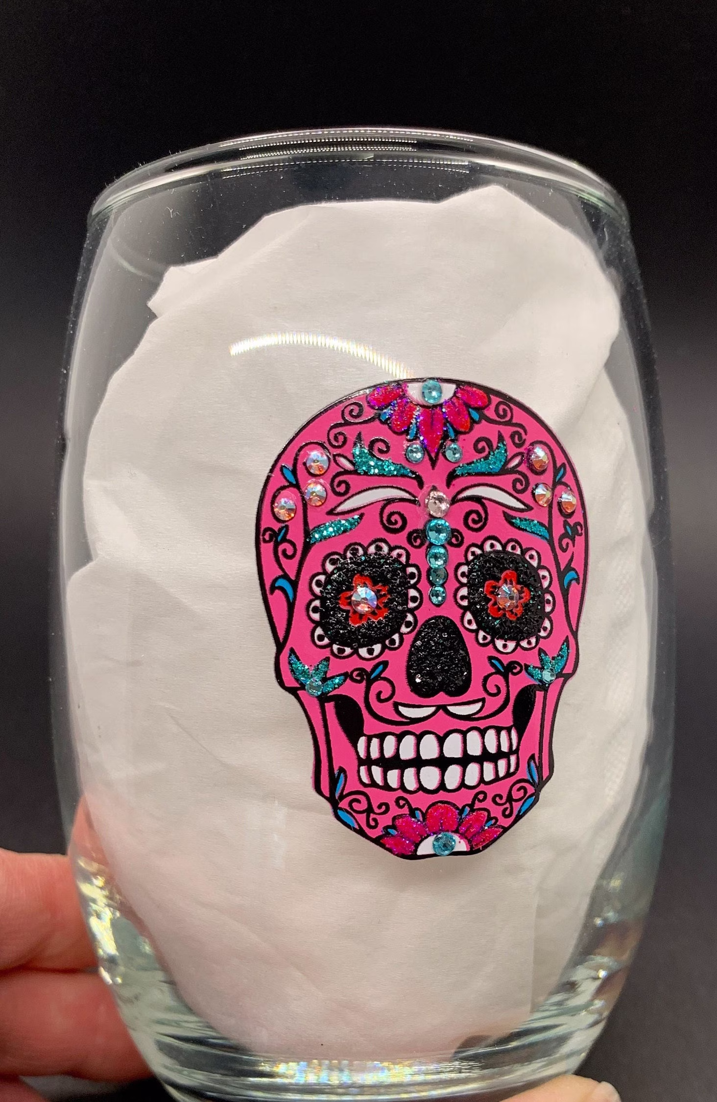 Bling Glitter & Swarovski Crystal Pink Sugar Skull Stemless Wine Glass