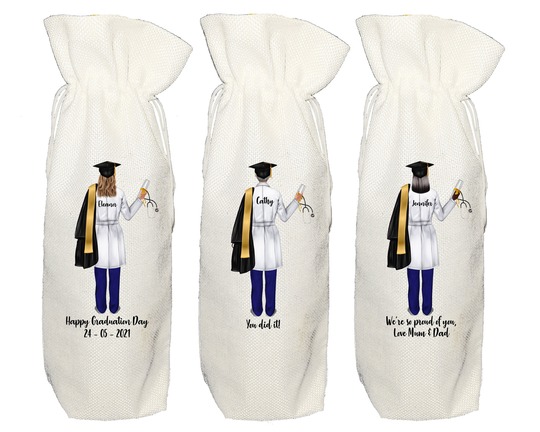 Personalised Graduate Doctor Wine Bottle Bag - Graduation College University Gown Cap Thank You Gift Prosecco Gin Girl Female