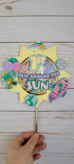 Pastel Girls 1st Trip Around The Sun First Birthday Space Theme Shaker Cake Topper