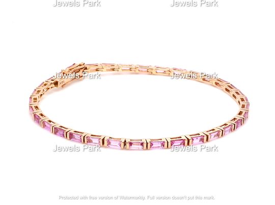 14K Solid Gold Real Pink Sapphire Tennis Bracelet | Natural Baguette Cut Pink