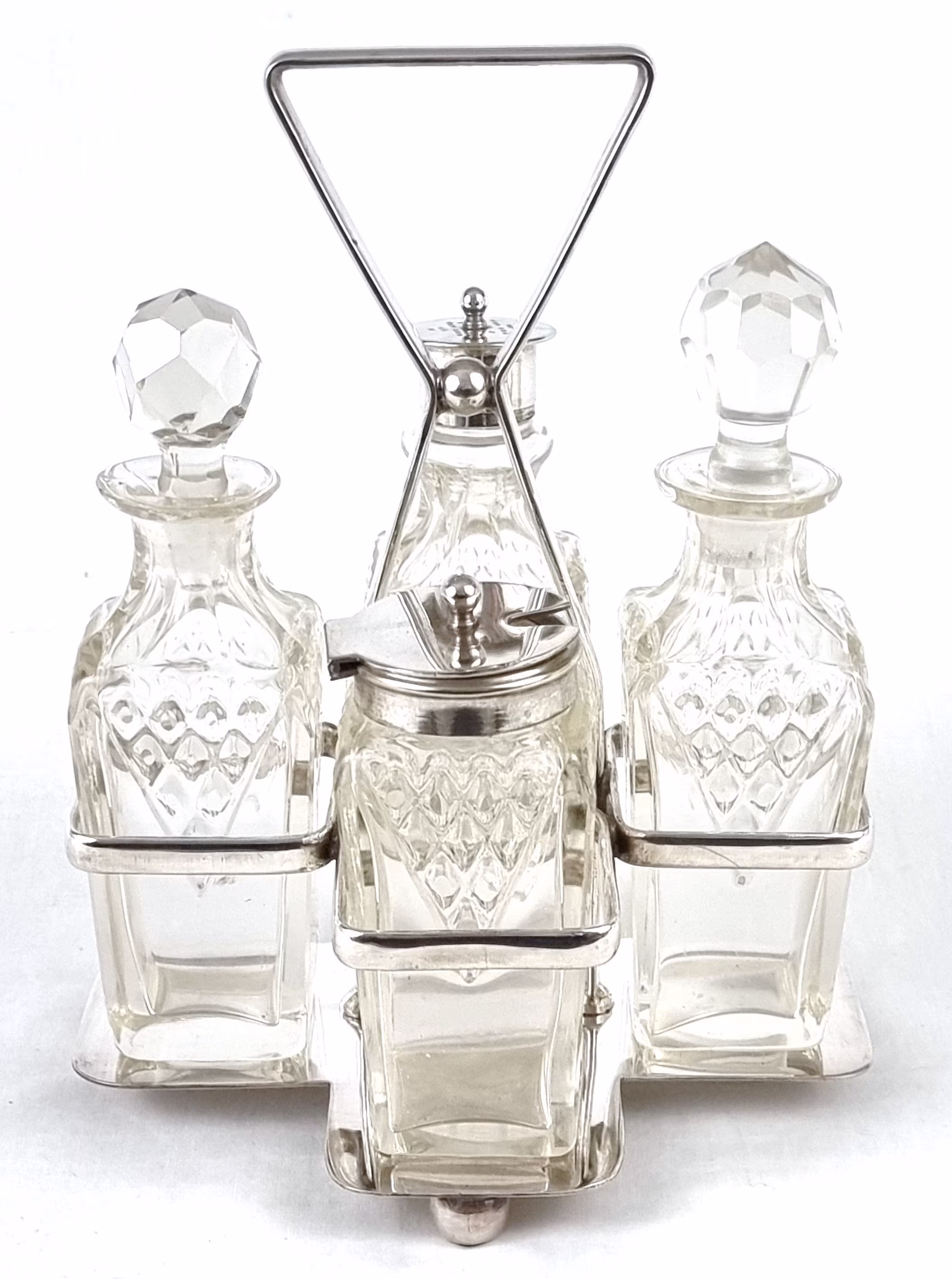 Stylish Tableware, Condiment Set, Cruet Glass Bottles, Silver Plate, Four Piece, Set With Stand, Oil & Vinegar, Pepper Mustard
