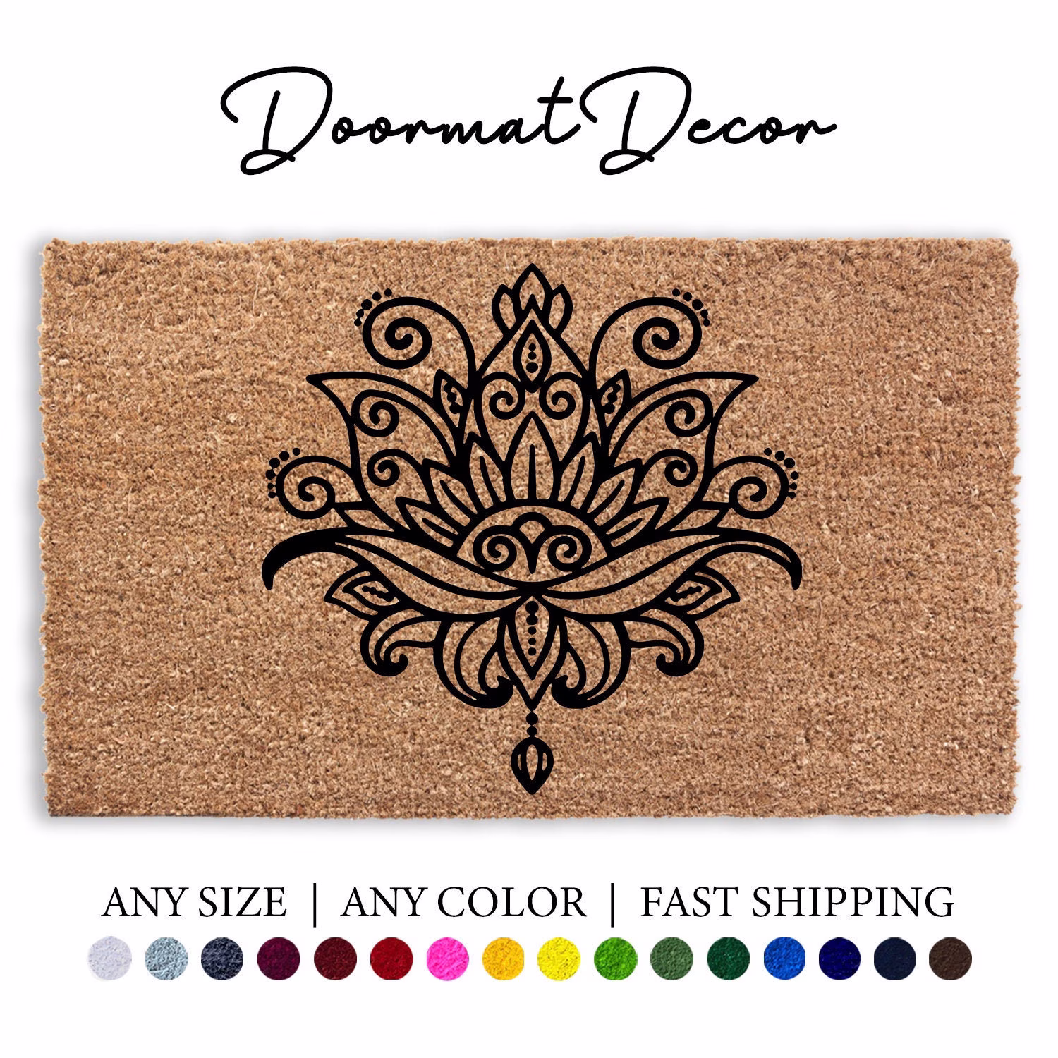 Lotus Flower Coir Doormat, Namaste Yoga Mandala Rug Gift, Outdoor Welcome Mat, Personalized Custom Front Door Bohemian