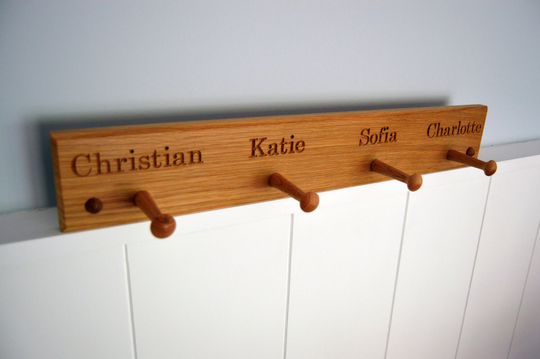 Personalised Oak Peg Rail, Rack, Wooden Hanging Shaker Style Coat House Warming Gift, Wedding Gift