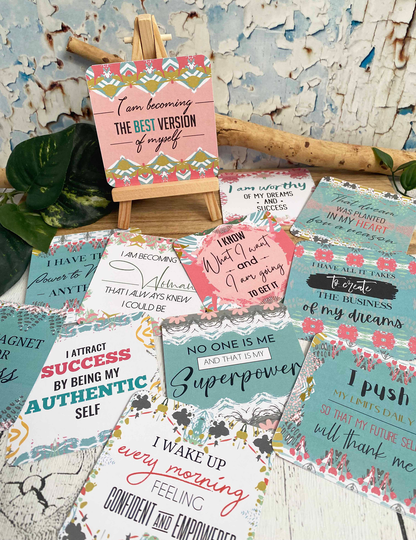 Set Of 12 Lady Boss Affirmation Cards With Small Wooden Easel, Quotes For Entrepreneurs, Gift Girl Bosses, Cotton Tale Design