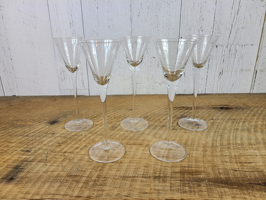 Vintage Set Of 5 Long Stem Glass Cordial Sherry Glasses Mismatched Patterns Footed Spirits Wine Liquor Alcohol Barware Bar Decor Retro