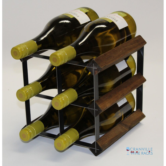 Classic 6 bottle black stained wood and black metal wine rack ready assembled