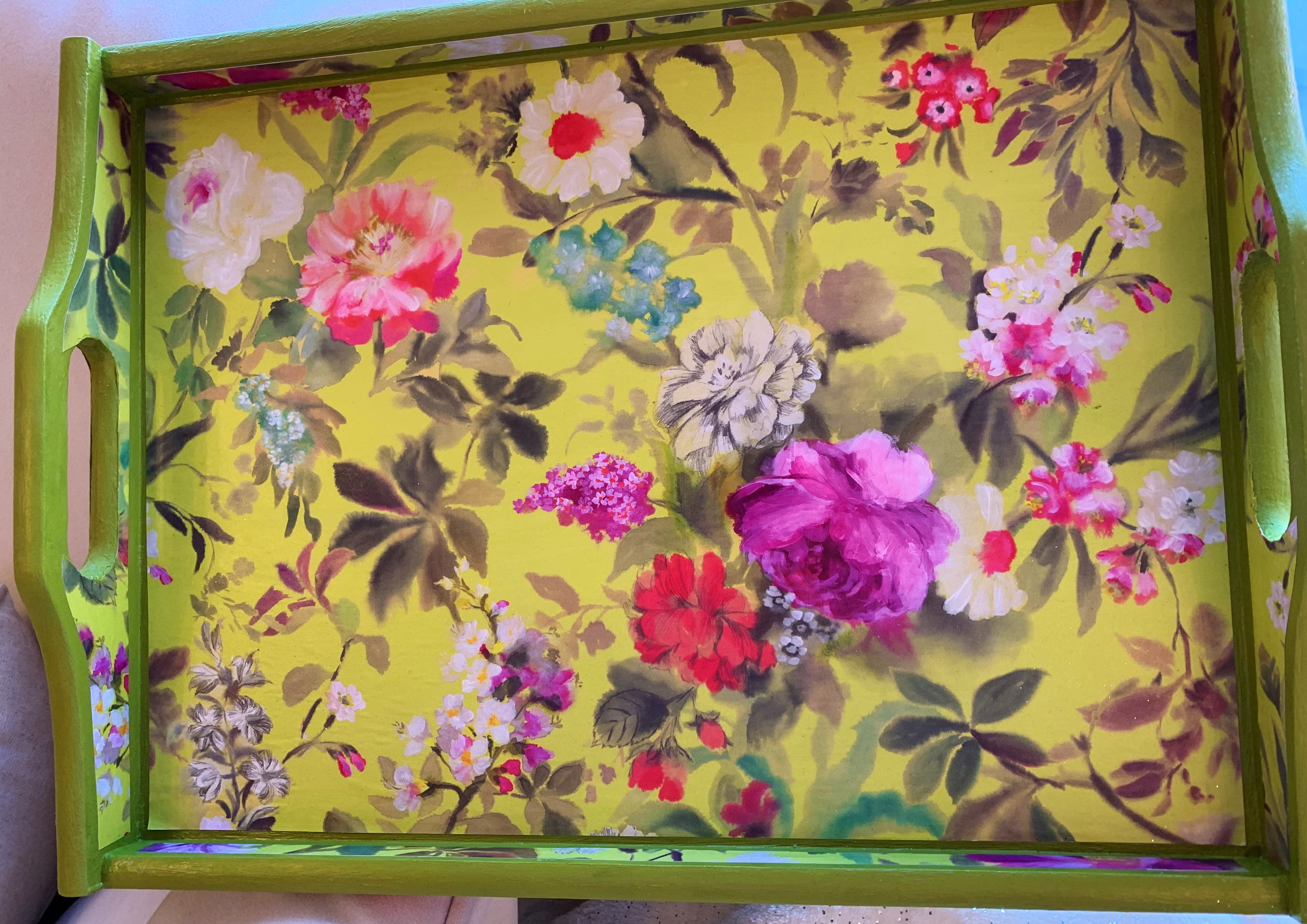 Precious Garden Tray. Large Decoupage Wooden Serving Tray, Breakfast Coffee Table Footstool Ottoman