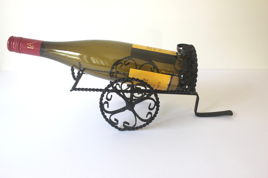 Vintage Spanish Revival Black Metal Wine Bottle Holder, Curly Spiral Cast Iron