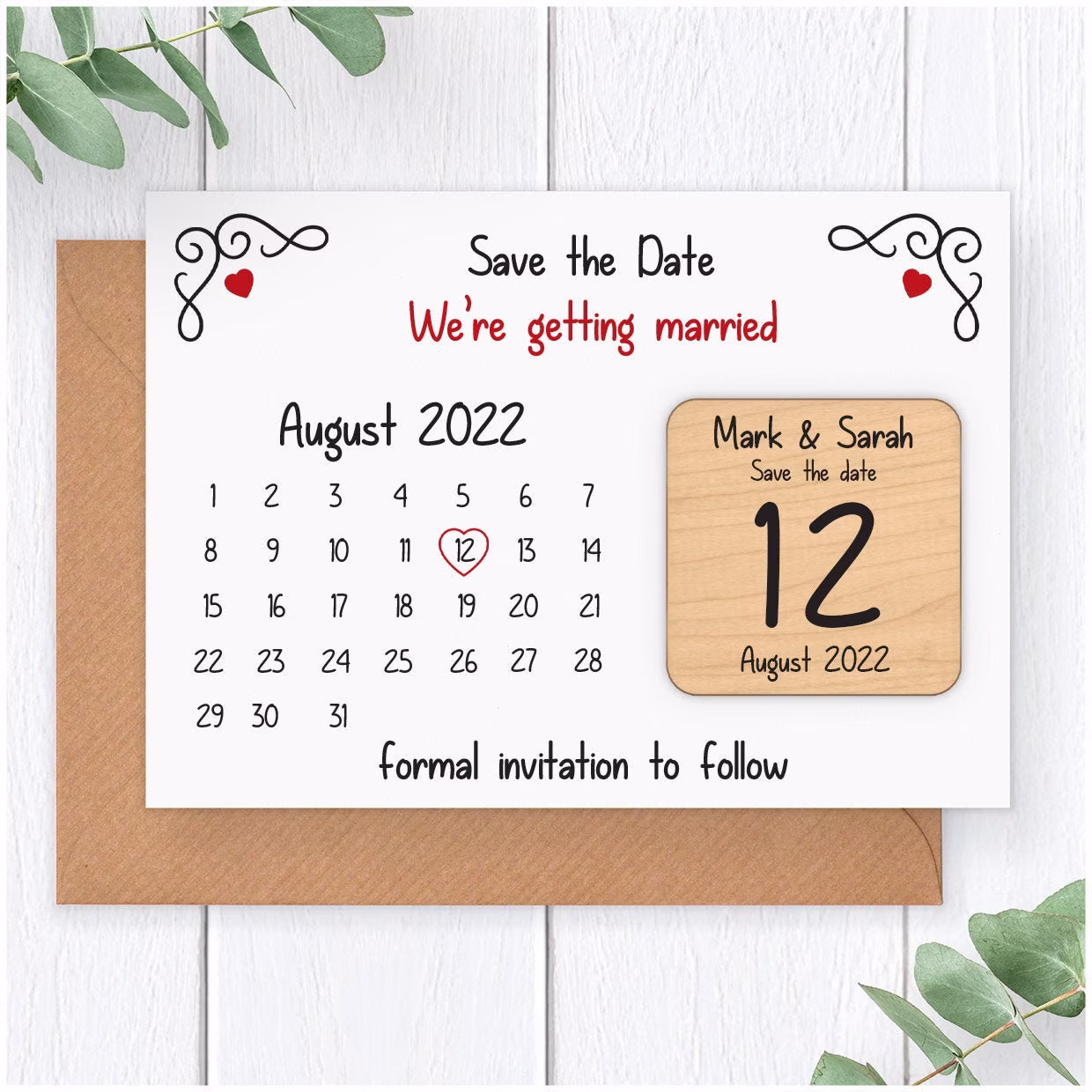 Save The Date Magnet Calendar - Personalised Black & White Card Wooden Fridge