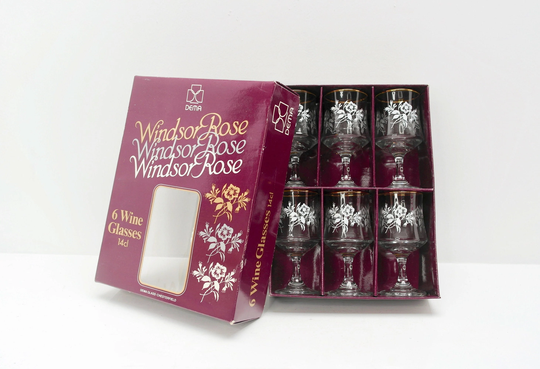 1970S Wine Glasses, Dema Glassware, Windsor Rose, Floral Boxed Set Of 6, White Stemware, Midcentury Glassware