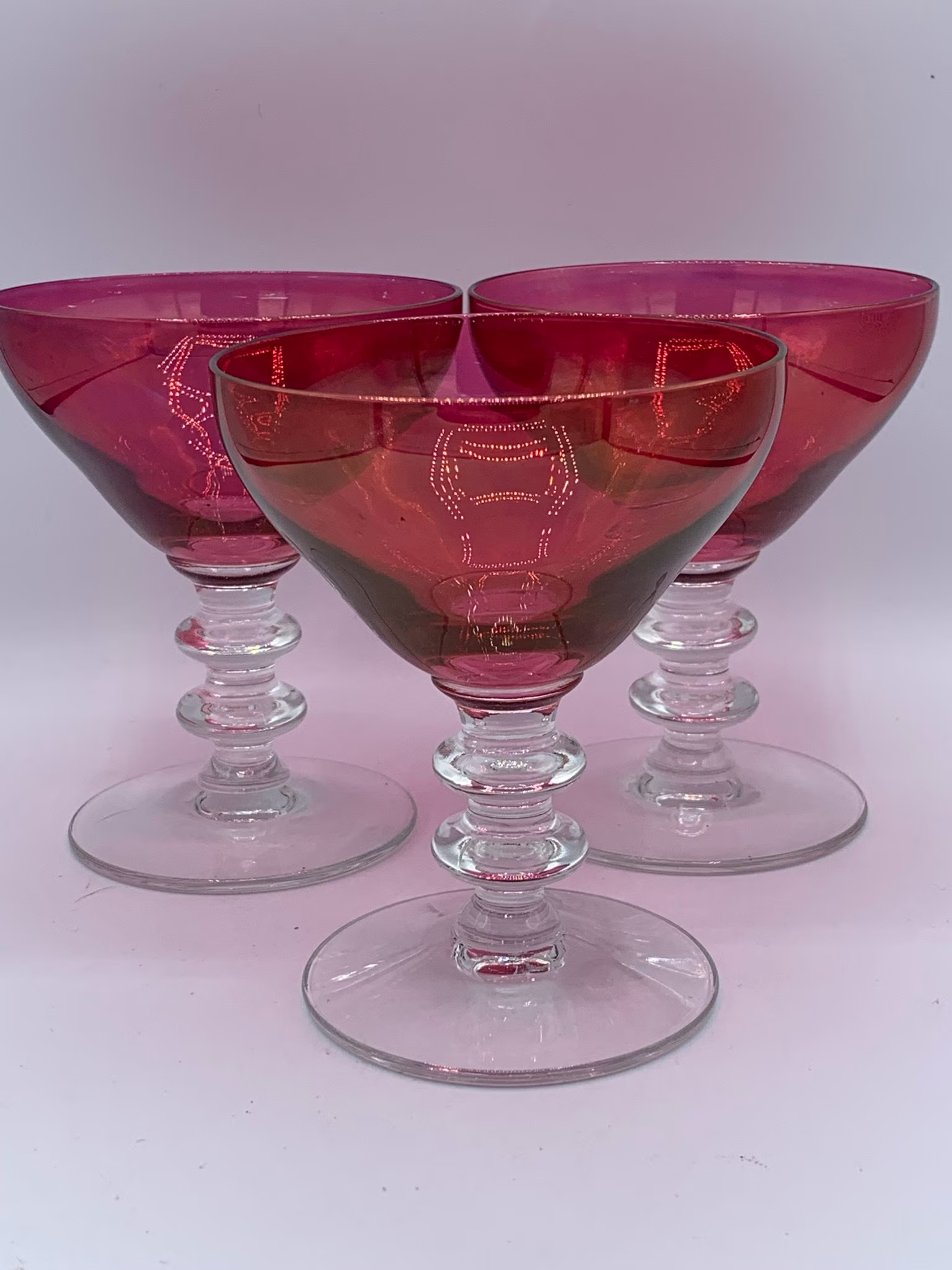 Vintage Cranberry Colored Champagne Glasses - Set Of 3 Great Clear Stem