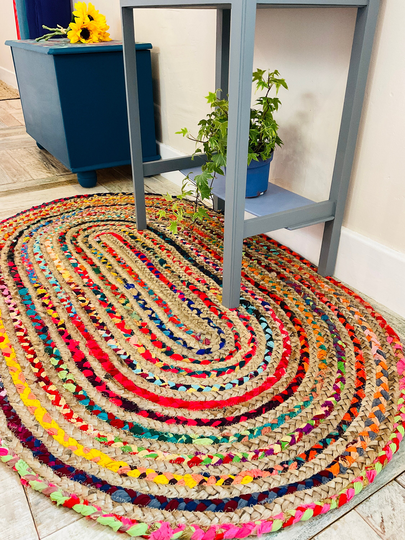 Mishran Braided Oval Rug Flat Weave With Natural Jute & Multi Colour Recycled Material - Small Medium Large Or Runner