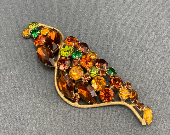 Vintage Glass Rhinestone Brooch-3 3/4 Inches Long. Please Read Description. Free Shipping