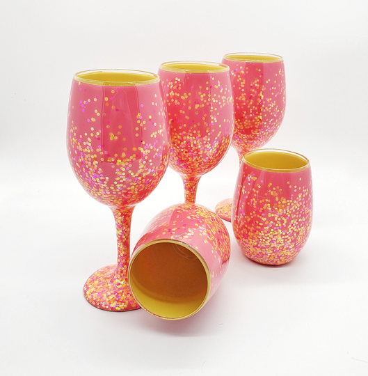 Glitter Wine Glass in Pink Yellow & Orange Hand Painted Stemmed Or Stemless