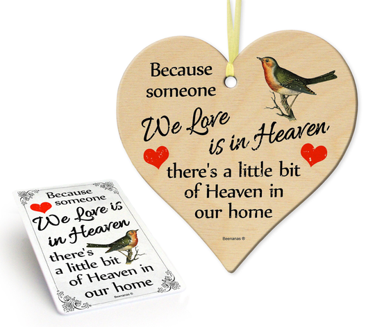 Because Someone We Love Is in Heaven Robin Small Wooden Plaque Sign & Fridge Magnet Gift Set Secret Santa Bundle Memory Memorial