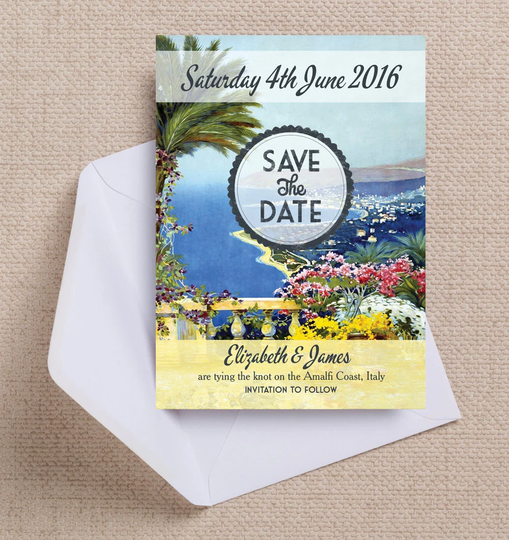 Vintage Mediterranean Destination Postcard Wedding Save The Date Cards & Envelopes