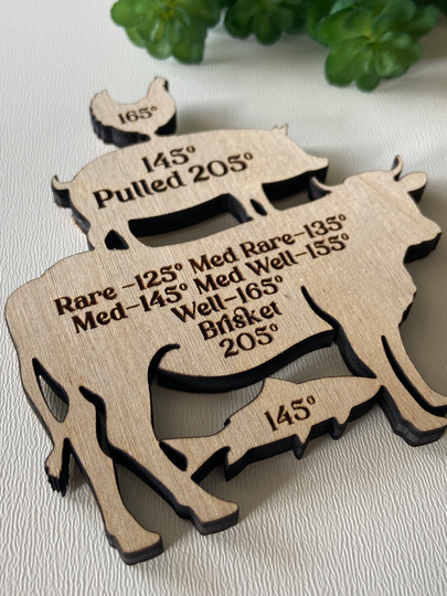 Meat Temperature Wood Laser Engraved Magnet Fish Beef Chicken Pork