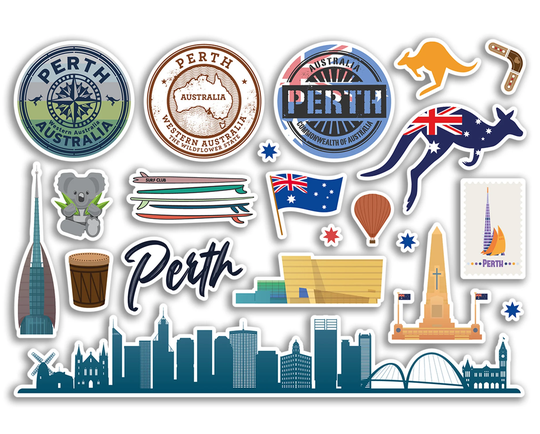 A5 Sticker Sheet Perth Landmarks Vinyl Stickers - Australia City Airport Stamps Skyline Flag Map Travel Holiday Scrapbook Aesthetic #79140