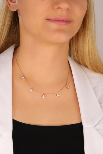 Dangling White Stone 5 Butterfly Silver Necklace, Minimalist Jewelry, Layering Necklace