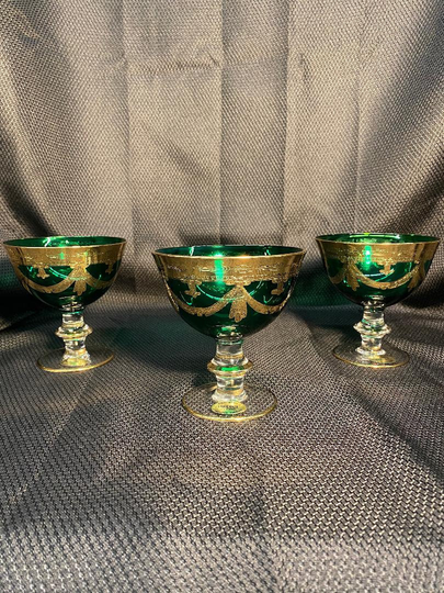 Interglass Italy Luxury Green Vintage Glass Compote Serving Bowl, 24K Gold