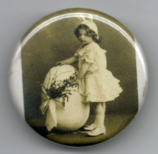 Easter Greeting Girl With Giant Egg 1.25 Inch Button Vintage Postcard Image