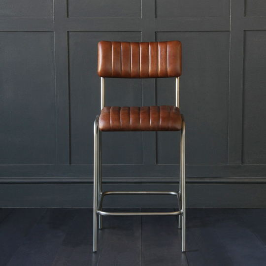 Diner Bar Stool Brown Ribbed Leather Seat With Nickel Base 66 cm