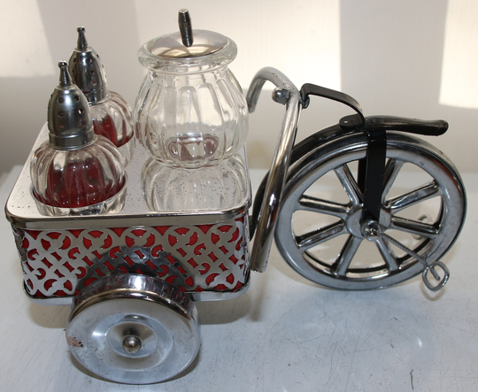 Vintage Glass Cruet Set in Caddy - Salt, Pepper & Mustard