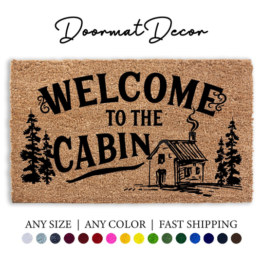 Welcome To The Cabin Doormat, Flocked Coir Door Mat, Personalized Custom Rug, Camping Mountains Decor