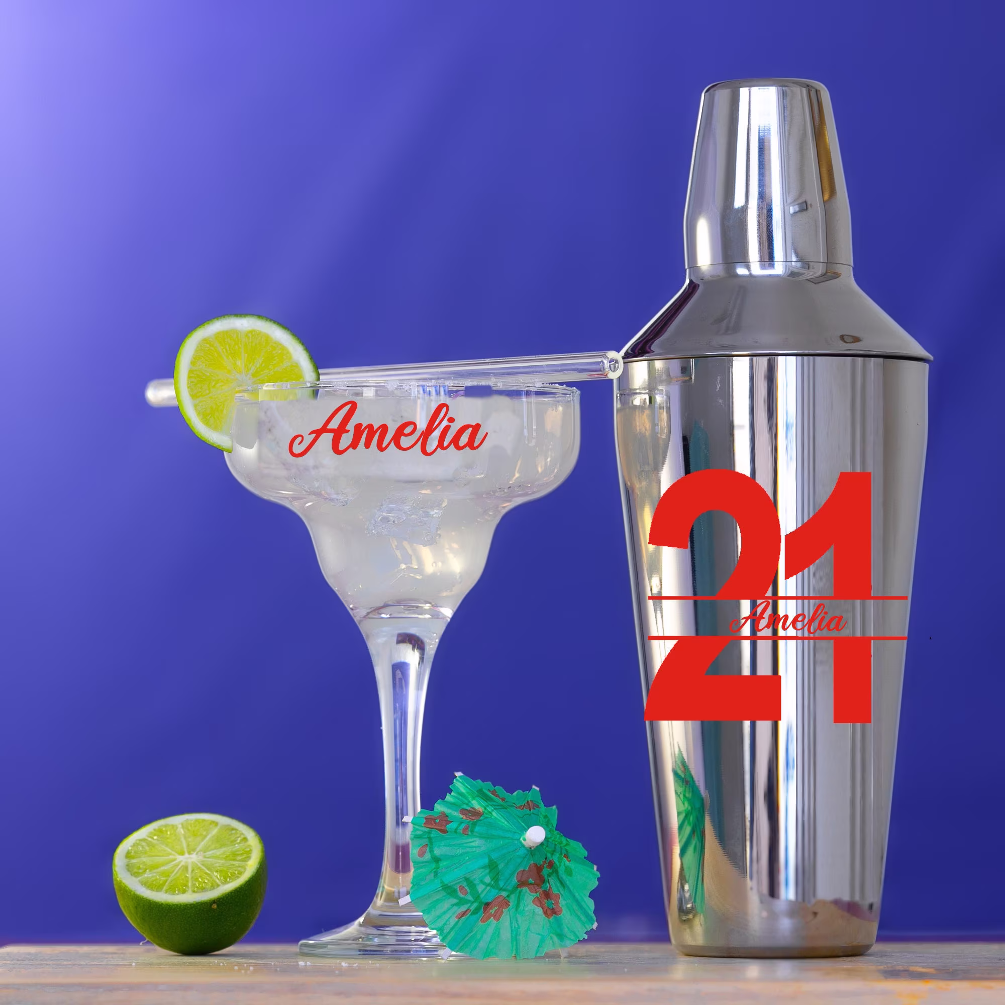Personalised 21St Birthday Cocktail Mixer & Matching Margarita Glass, Reusable Straw, Umbrella | Gift Shaker
